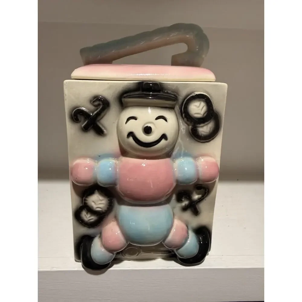 Vintage American Bisque Candy Cane Snowman Puppet Blue Pink Cookie Jar w/Lid